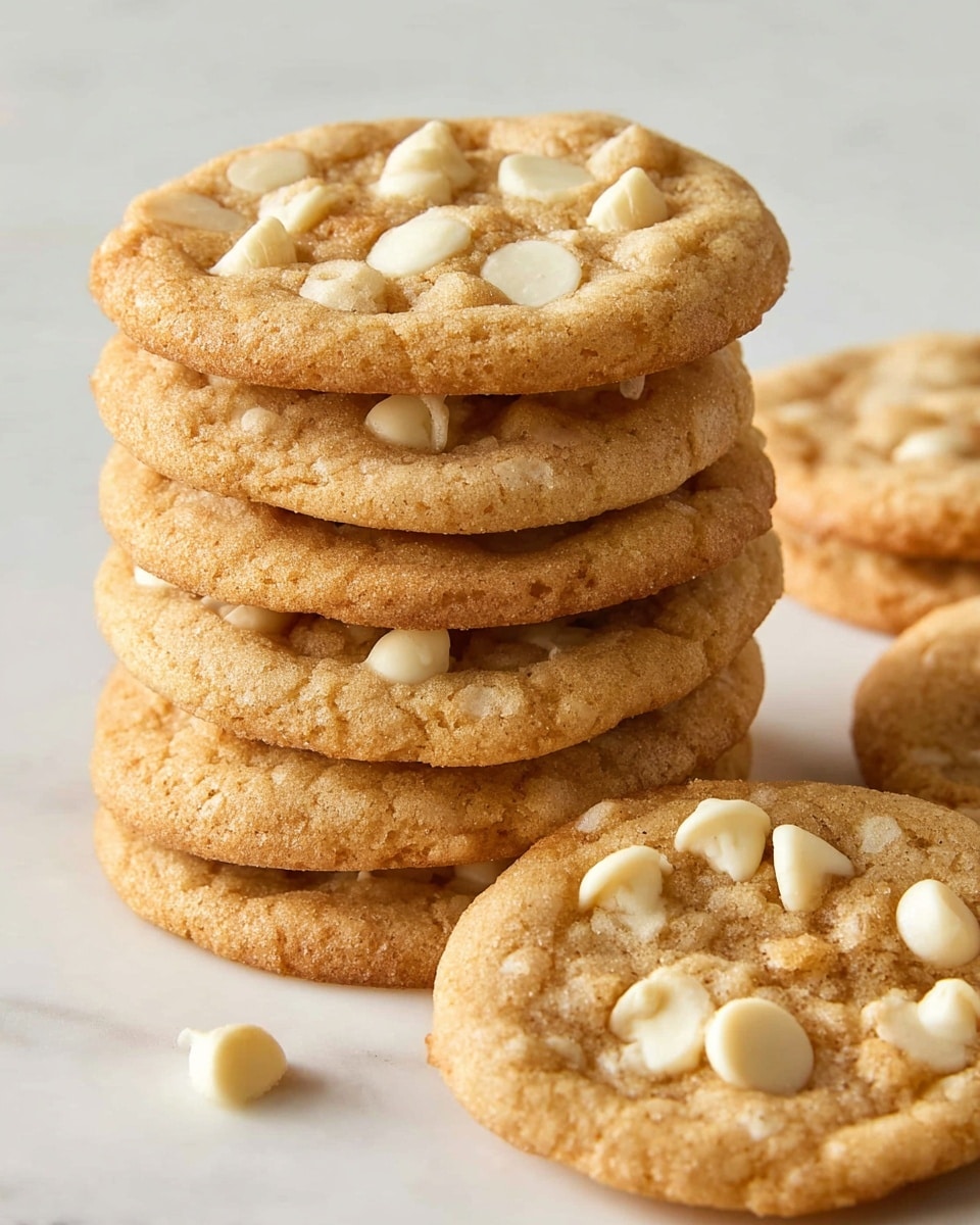 A stack of eight round cookies with a light golden-brown color and slightly rough texture sits on a white marbled surface. Each cookie is studded with visible white chocolate chips that are smooth and glossy, some partially melted into the cookie surface. The cookies have slightly uneven edges and a soft, chewy appearance, with one cookie laying flat nearby showing the same texture and chips. photo taken with an iphone --ar 4:5 --v 7