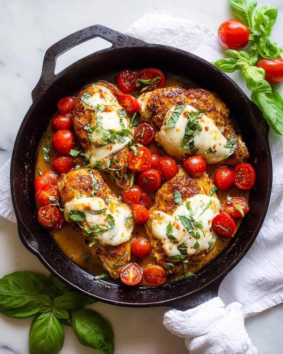 In a black cast iron pan, there are four cooked pieces of seasoned chicken, each topped with melted white cheese that looks soft and smooth. Around and on the chicken, bright red cherry tomatoes, some whole and some halved, add color and freshness. Fresh green basil leaves are scattered on top and around the chicken and tomatoes, giving a nice touch of green. The pan also contains some light brown sauce at the bottom, adding shine and moisture to the dish. The pan sits on a white marbled surface with a white cloth and fresh basil and tomatoes placed next to it. photo taken with an iphone --ar 4:5 --v 7