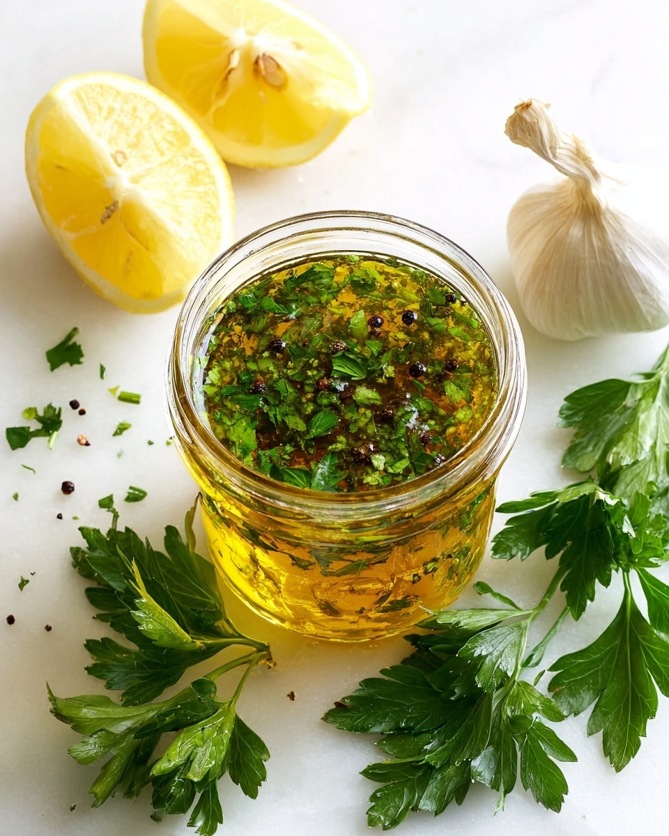 A clear glass jar is filled with a golden-yellow oil mixed with finely chopped bright green herbs, giving a textured, slightly oily surface with small black pepper specks scattered around. Around the jar, bright green fresh parsley sprigs lay casually on a smooth white marbled surface, adding vibrant color and leafy texture. To the left, two lemon halves show pale yellow inner flesh with a juicy, soft texture, balanced against a whole garlic bulb on the right with a white outer skin and light brown roots. The whole scene is well-lit and crisp. photo taken with an iphone --ar 4:5 --v 7