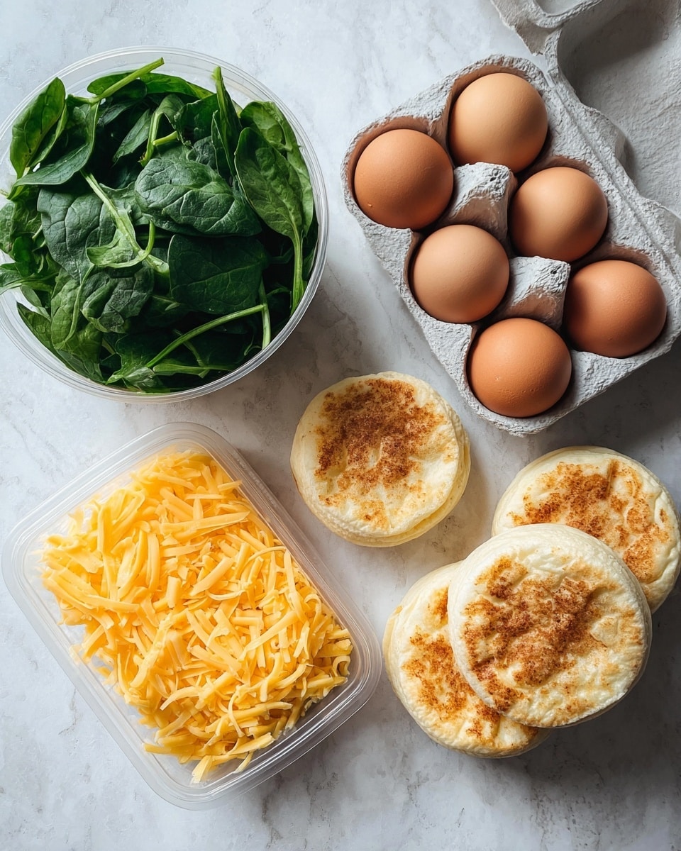 The image shows four main ingredients on a white marbled texture: a bowl filled with fresh green spinach leaves, a container holding a large amount of shredded yellow cheese, a carton with six brown eggs, and a stack of three toasted English muffins with a golden brown top and slightly rough texture. Each item is clearly separated and the colors contrast softly with the white marbled surface beneath them photo taken with an iphone --ar 4:5 --v 7