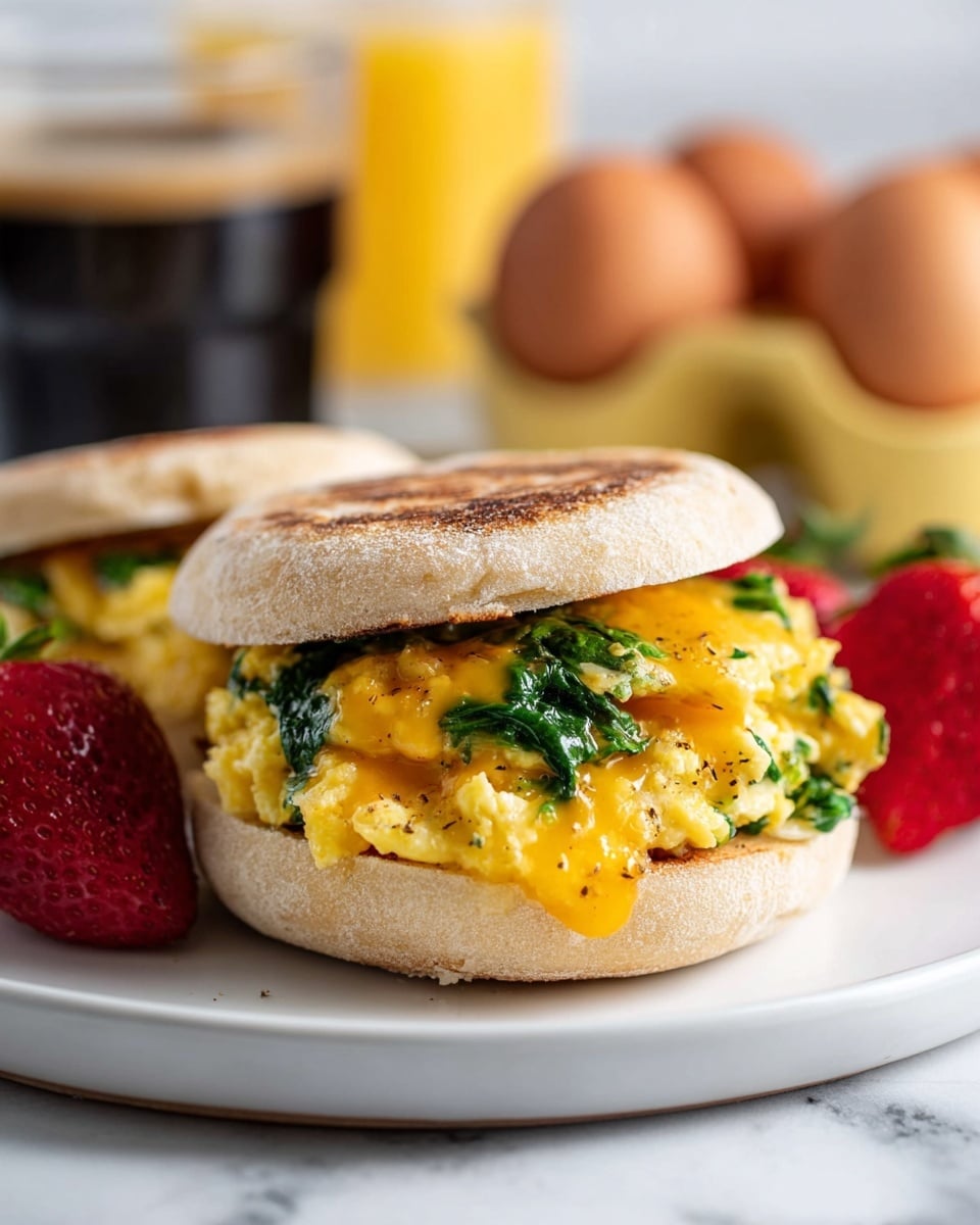 A close-up of a breakfast sandwich on a white round plate, set on a white marbled surface. The sandwich has two halves of a toasted English muffin, light golden brown and slightly textured. Inside, there is a fluffy layer of scrambled eggs mixed with bright green spinach, topped with melted rich yellow cheddar cheese that oozes slightly from the sides. In the background, blurred strawberries add red color, along with a carton of brown eggs and a dark glass of coffee. Photo taken with an iphone --ar 4:5 --v 7