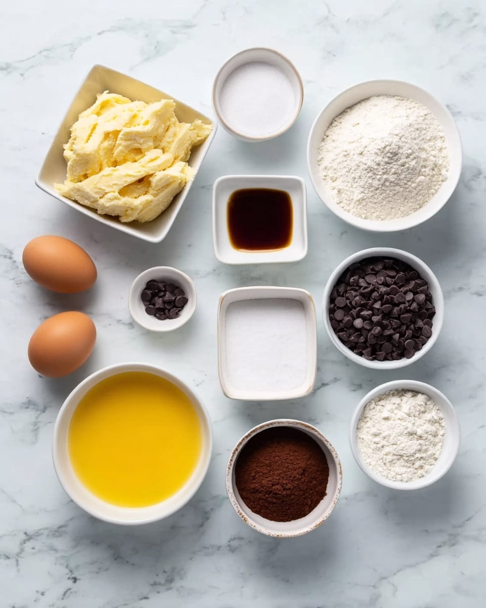 A white marbled surface holds several white dishes and ingredients arranged in a loose circle. Starting from the top, there is a small square white bowl with mashed bananas that look soft and pale yellow. To the right, a medium round white bowl contains white granulated sugar. Below that is a small square white bowl with a dark brown liquid, likely vanilla extract. Next to it is a small square white bowl with white powder, probably baking soda or salt. In the bottom right corner, a medium round white bowl is filled with dark brown chocolate chips. Moving left, a larger round white bowl holds melted yellow butter. Above that is a small round white bowl filled with dark brown cocoa powder. To the left, a medium round white bowl contains white flour. Two brown eggs rest close to the center on the white marbled surface, between the flour bowl and the mashed bananas. photo taken with an iphone --ar 4:5 --v 7