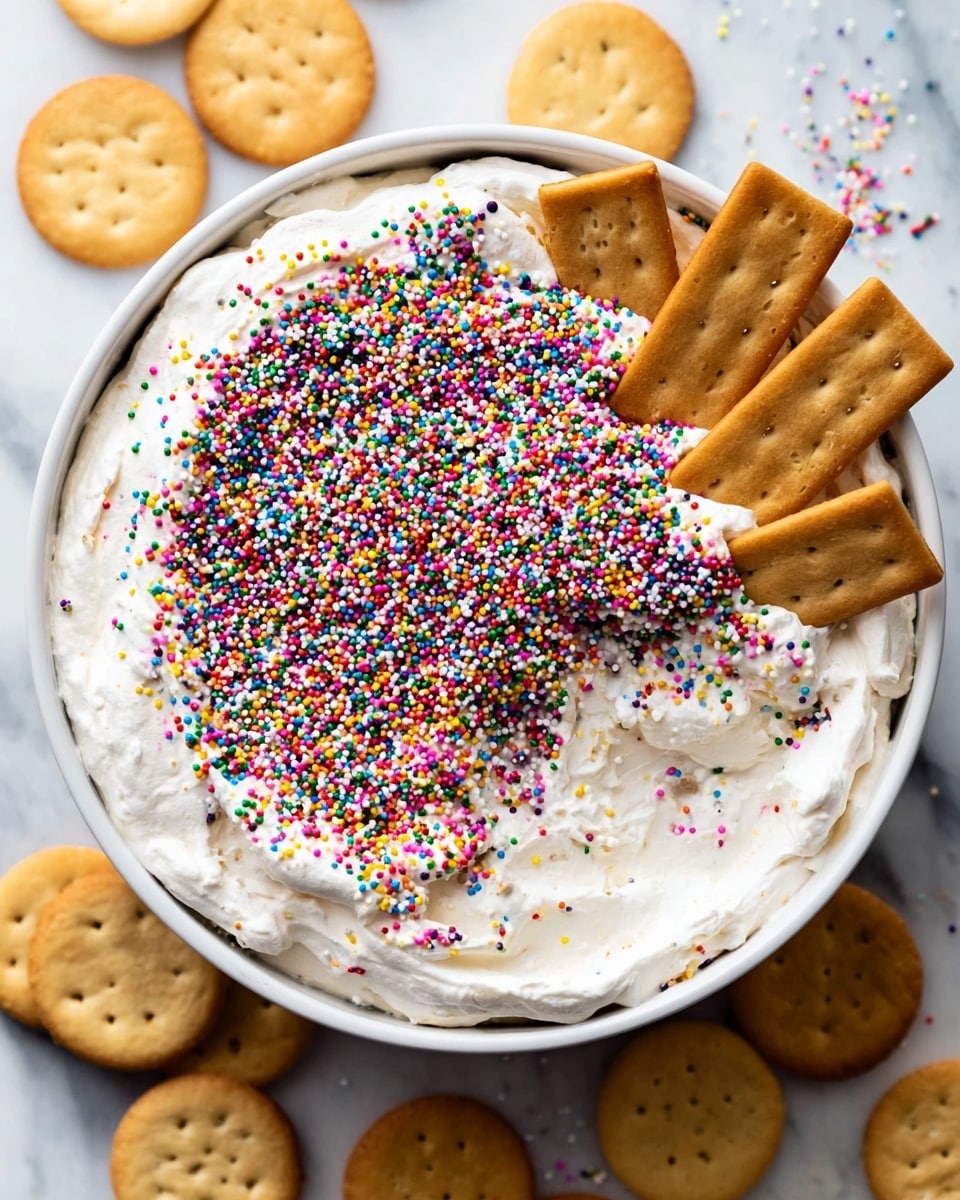 A white bowl is filled with a thick, creamy white dip that has colorful round sprinkles scattered heavily in a dense line across the top and lightly spread around the rest of the surface. Around the edge of the bowl, rectangular brown crackers are placed standing up, with two inserted into the dip on the left side. Below the bowl on a white marbled surface, small square and round light brown cookies are arranged close together. Photo taken with an iphone --ar 4:5 --v 7