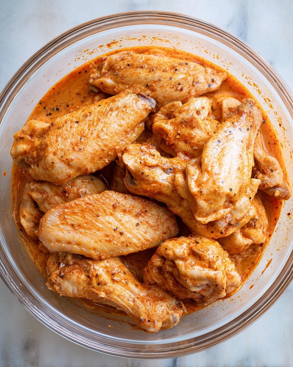 A clear round bowl filled with several pieces of pale chicken wings fully covered in a light reddish-orange marinade with visible black pepper and spice flecks. The chicken wings are layered tightly inside the bowl, sitting in a smooth, slightly thick sauce that has a creamy texture. The bowl is placed on a white marbled textured surface. Photo taken with an iphone --ar 4:5 --v 7