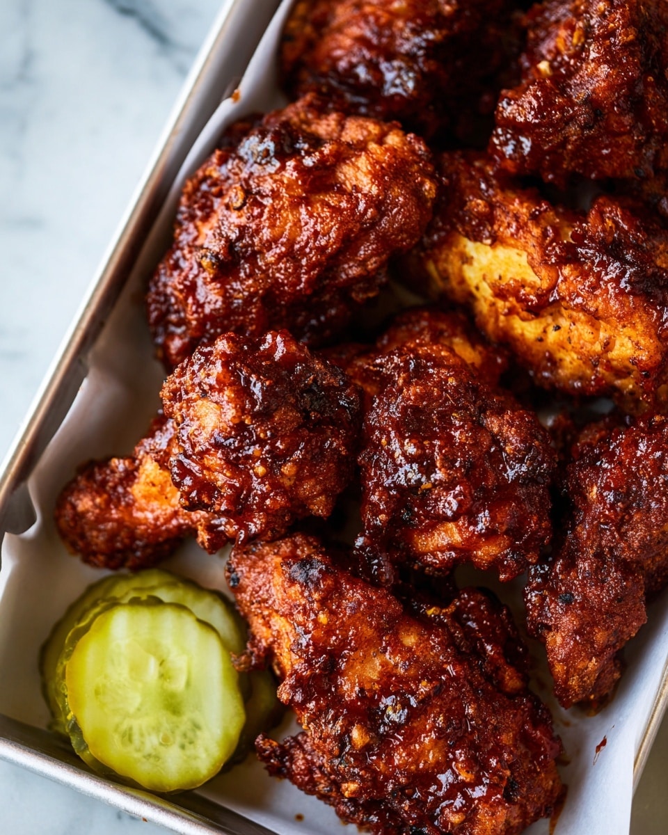 A close-up of a white tray filled with fried chicken pieces, each one crispy and covered in a dark reddish-brown sauce that looks sticky and shiny. The chicken pieces have a rough, crunchy texture with some darker burnt spots. At the bottom left corner of the tray, there is a single green pickle slice with visible seeds. The tray sits on a white marbled surface. photo taken with an iphone --ar 4:5 --v 7