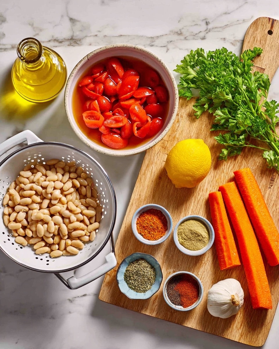The image shows ingredients arranged on a white marbled surface with a wooden cutting board on the right. On the cutting board, there is one yellow onion, three long orange carrots lying side by side, two small white garlic cloves, a bunch of green parsley, and five small bowls of spices in various colors like red, brown, and green. To the left of the cutting board is a white colander filled with light beige beans. Above the colander is a white bowl containing peeled whole red tomatoes in liquid. A glass bottle of yellow olive oil is placed to the left of the bowl. Near the top center is a lemon half with a bright yellow color. The whole arrangement is evenly lit, showing clear textures and vibrant colors. photo taken with an iphone --ar 4:5 --v 7