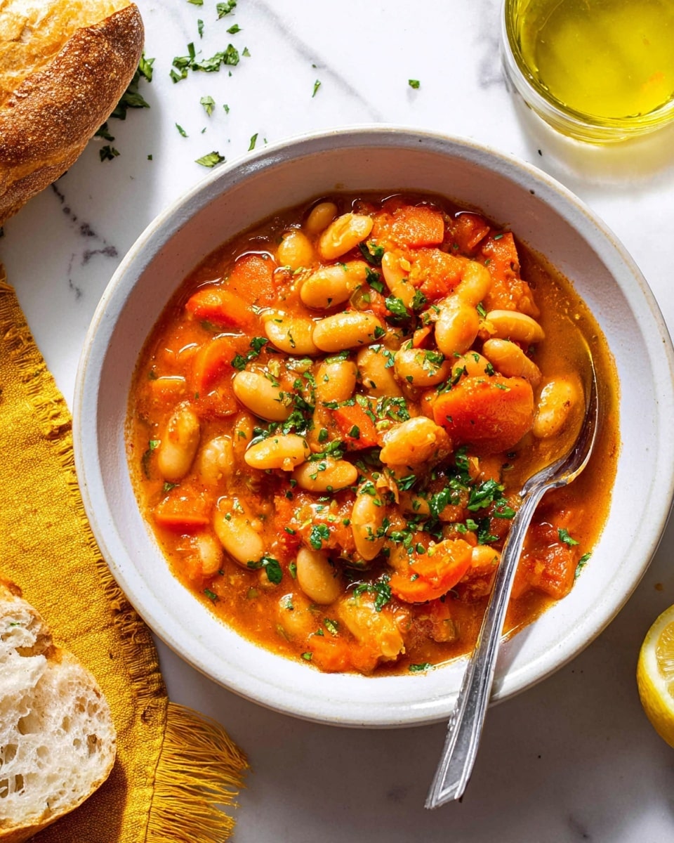 A white bowl filled with a thick stew showing large white beans and pieces of orange carrots in a rich, slightly chunky orange-red sauce. The stew is garnished with chopped green herbs scattered on top. A silver spoon is partially inside the bowl, leaning against the edge. The bowl is set on a white marbled surface with a torn piece of bread in the bottom left and a small yellow napkin with fringe on the right side. A glass container with olive oil and a lemon wedge are partially visible in the background. photo taken with an iphone --ar 4:5 --v 7