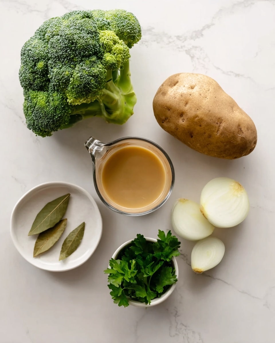 The image shows a small group of fresh ingredients placed on a white marbled surface. There is a large piece of broccoli with bright green florets at the top left, next to a white small bowl containing two light brown bay leaves. Toward the right, there is a whole brown potato with a rough texture and two onion halves with white flesh arranged beside it. At the bottom center, there is a clear glass measuring cup filled with light brown liquid. Below that, a small white bowl holds several bright green parsley leaves. The arrangement is neat and clear, with natural colors standing out against the white marbled background. Photo taken with an iphone --ar 4:5 --v 7