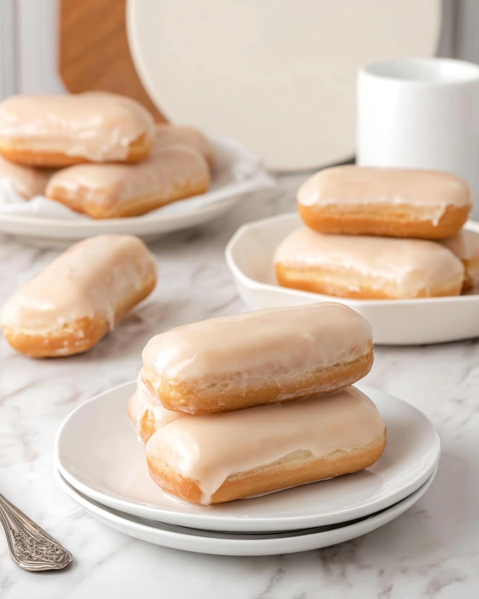The image shows six rectangular donuts with a smooth, light beige glaze on top. Two donuts are placed on a stack of three white plates at the front, each donut having a soft, slightly golden-brown texture underneath the glaze. Four more donuts are scattered behind on a white marbled surface, and two of them are on a shallow white dish. The cake texture of the donuts looks soft and lightly browned on the sides. In the background, there is a blurred white round object and a utensil lying next to it. The overall scene has a soft natural light with a clean, white marbled background. photo taken with an iphone --ar 4:5 --v 7