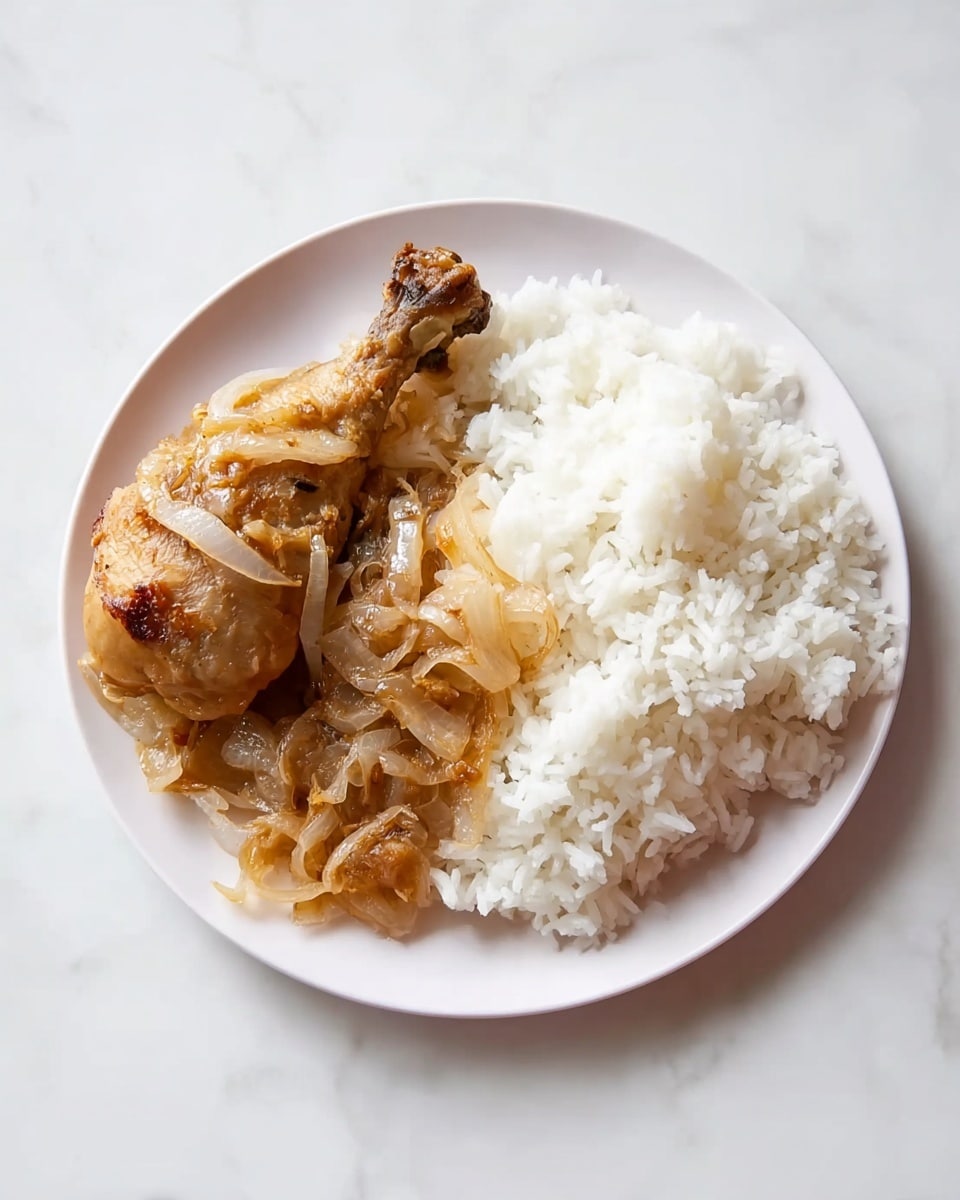 A white plate holds a serving of white cooked rice on the right side, featuring fluffy and separated grains, while on the left side sits a well-cooked chicken drumstick covered in a light brown sauce mixed with soft, translucent caramelized onions. The chicken has a slightly browned skin and rests partly on the onions, which add texture and color contrast. The background surface is a white marbled texture. Photo taken with an iphone --ar 4:5 --v 7