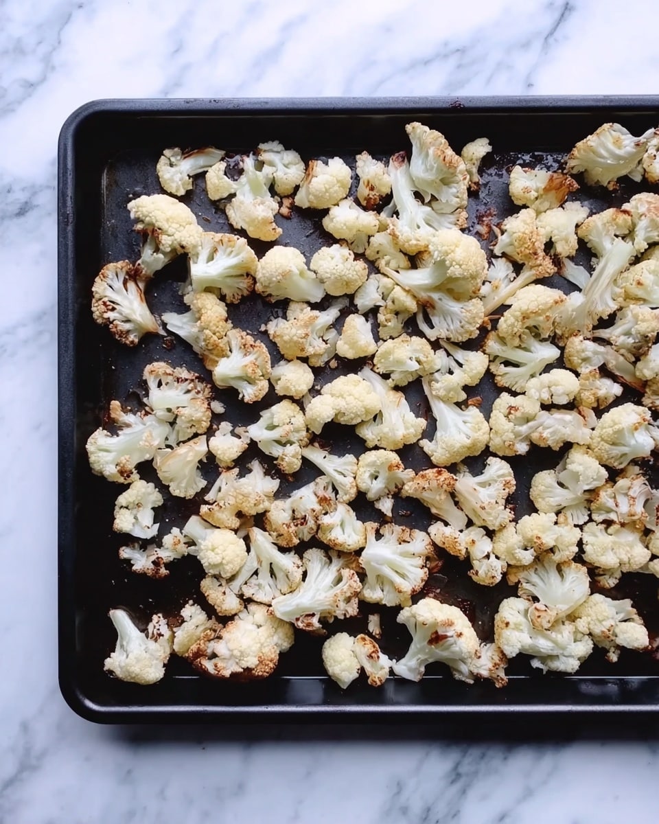 The image shows a black baking tray filled with many small pieces of roasted cauliflower spread out evenly. The cauliflower pieces are light beige with some brown roasted spots, showing a slightly crisp texture. The tray sits on a white marbled surface, enhancing the light colors of the vegetables. Photo taken with an iphone --ar 4:5 --v 7