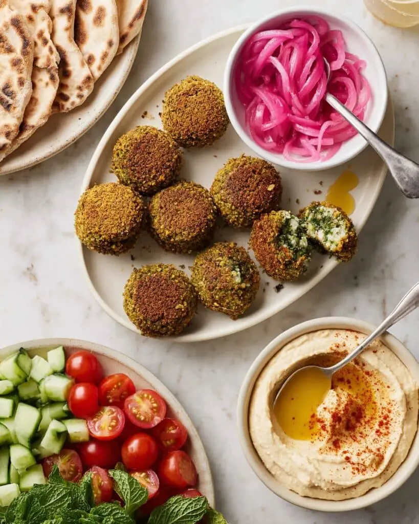 Baked Falafel Pitas with Hummus, Veggies, and Tahini Sauce Recipe