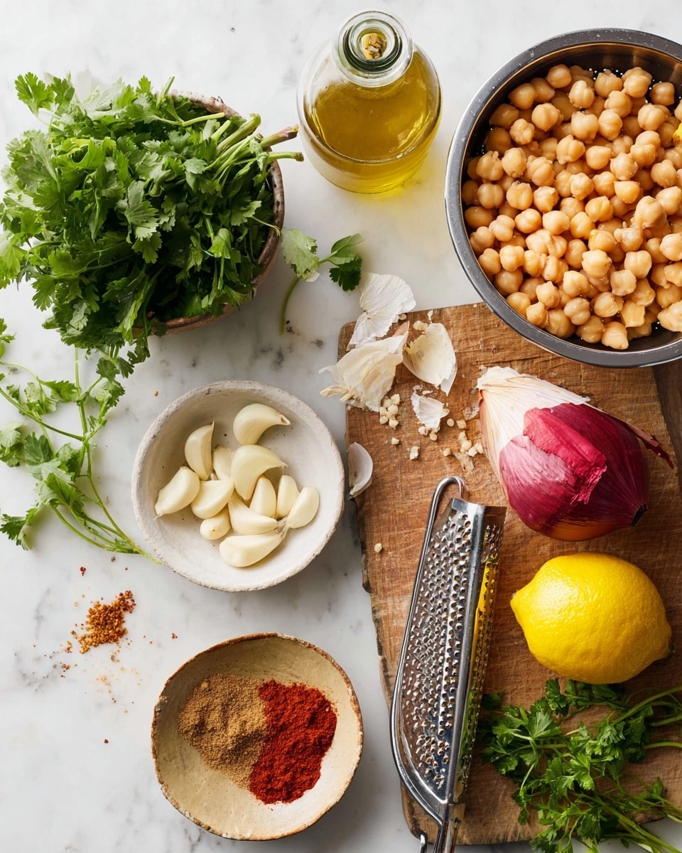 A top-down view shows a collection of fresh and dry ingredients on a white marbled surface. On the top right is a metal colander filled with light beige chickpeas, their round shapes filling the bowl. Below that on the right is a wooden cutting board with a whole yellow lemon, a bunch of fresh green parsley, a partially peeled red shallot with some layers peeled back showing white and purple rings, and a metal grater with bits of lemon zest stuck on it. To the left of the cutting board is a small white round bowl containing several peeled garlic cloves, one slightly broken. Next to it on the left is a ceramic bowl packed with fresh cilantro leaves, its bright green color vibrant. Above this is a clear glass bottle filled with golden olive oil, its surface reflecting soft light. Near the center is a small brown ceramic plate with a white bowl containing bright red paprika powder, with two piles of ground brown spices on the plate beside it. Scattered herb leaves and some loose garlic peel add natural touch. photo taken with an iphone --ar 4:5 --v 7