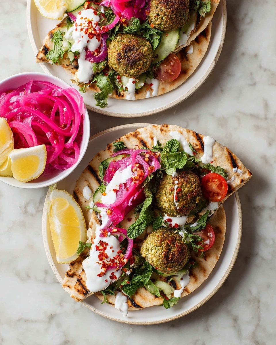 Two white plates with grilled flatbread folded in half hold three green falafel balls each, topped with white creamy sauce and red chili flakes. On the flatbread, there are fresh green parsley and mint leaves, small red cherry tomato pieces, and chopped cucumber. Bright pink pickled onions are placed on one flatbread with some spilling over. A white bowl on the bottom left side holds more bright pink pickled onions. Two lemon wedges are placed near the bowl on the white marbled surface. Photo taken with an iphone --ar 4:5 --v 7