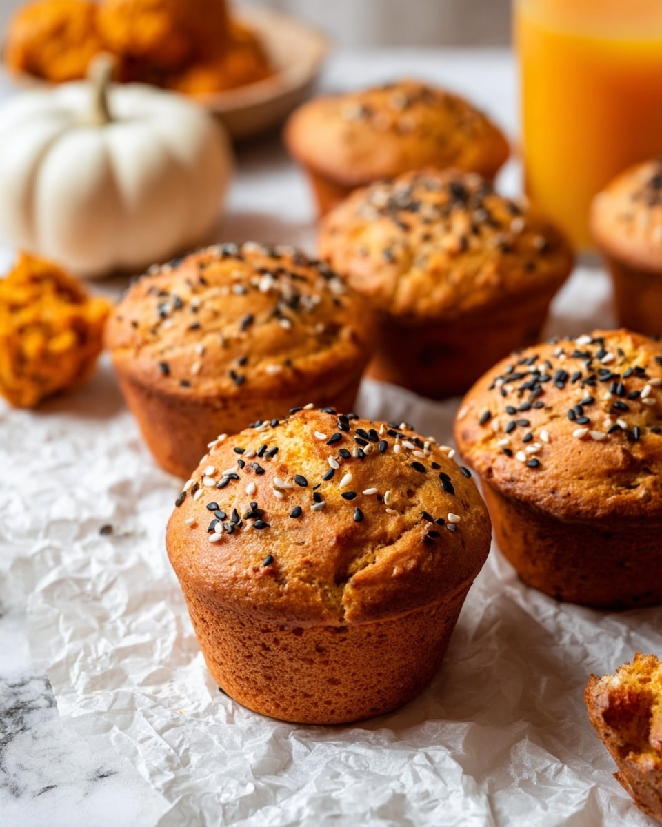 The image shows six golden brown muffins sprinkled with black and white sesame seeds on top, placed on crumpled white parchment paper that lies on a white marbled surface. The muffins have a slightly cracked texture on the top, indicating softness inside. To the left, there is a small white pumpkin and some orange, crumbly baked pieces in the background. On the right side, a clear glass filled with orange juice is partially visible. The focus is on the front muffin with the other muffins blurred slightly in the background, giving a cozy and warm feeling. Photo taken with an iphone --ar 4:5 --v 7