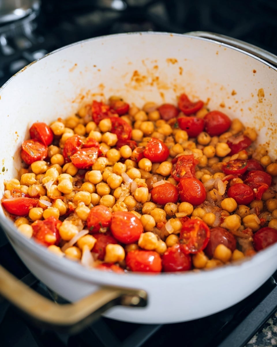 Inside a white pot, there is a mix of cooked chickpeas and chopped red cherry tomatoes. The chickpeas are golden brown and soft, sitting evenly throughout the pot. The tomatoes are bright red, slightly soft, and scattered among the chickpeas in small, rounded chunks. Tiny pieces of cooked onion are also mixed in, adding a pale yellow layer beneath the tomatoes and chickpeas. The pot's inside rim has some light orange stains from the cooking spices, showing it is well-seasoned. The pot handle is brass-colored and visible at the bottom left of the image. The background is softly blurred but shows a kitchen setting with dark colors. The photo taken with an iphone --ar 4:5 --v 7