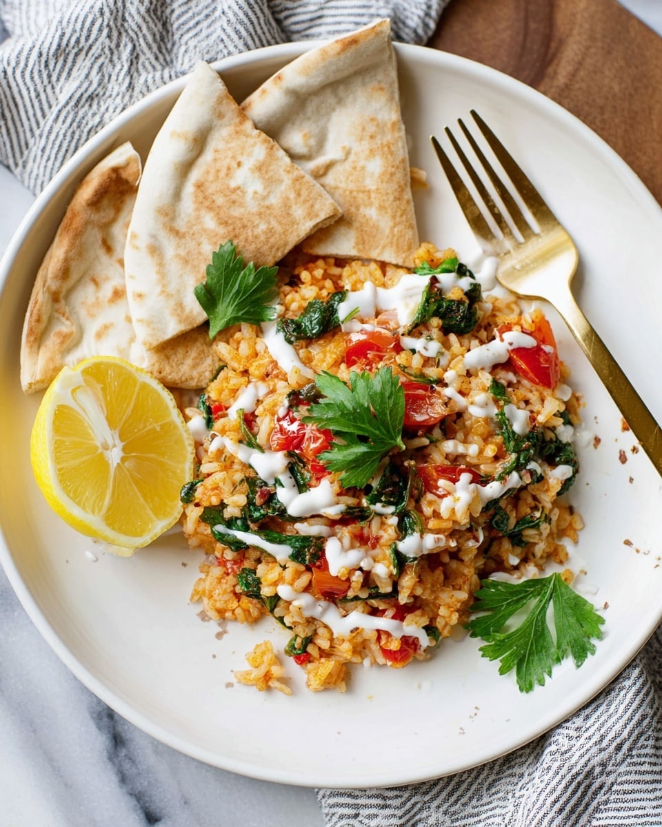The dish shows a white plate with three main parts: on the left are two folded pieces of soft pita bread with a light brown toasted surface; in the middle is a mound of orange-brown rice mixed with small red tomatoes, dark green leafy vegetables, and some light beige bits, topped with drizzles of white sauce and a couple of fresh green parsley leaves; on the right is a half slice of bright yellow lemon placed on the plate’s edge. A gold fork rests on the left side of the plate and a striped cloth napkin is partly visible under the plate, all set on a white marbled surface. Photo taken with an iphone --ar 4:5 --v 7