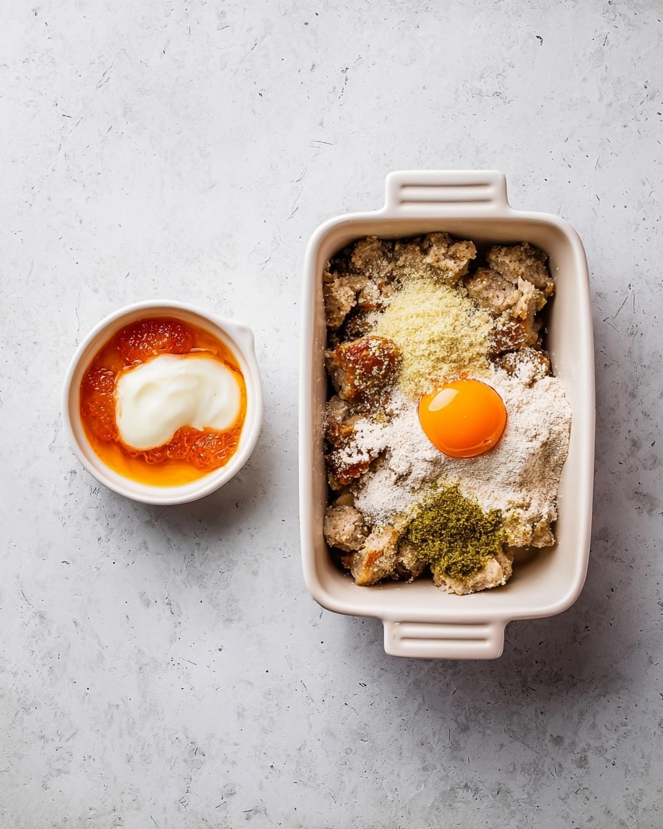 A white rectangular dish with handles holds a mixture of rough light brown chunks, topped with a raw orange egg yolk, a dusting of fine beige powder, and a small heap of pale green paste, all layered unevenly. Next to it on the left is a small white bowl containing a layer of bright orange sauce with a dollop of creamy white sauce on top. Both dishes rest on a white marbled surface. photo taken with an iphone --ar 4:5 --v 7