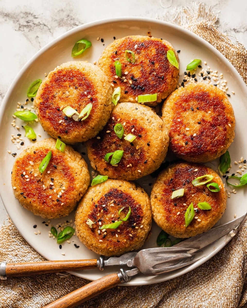 The image shows a white plate with six golden-brown round patties arranged in a close circle, each having a slightly crispy texture on top. The patties are evenly browned with a rough crust and specks of black pepper. Fresh green onion pieces are spread on and around the patties, adding a pop of bright green color, along with some white sesame seeds scattered on the plate and patties. The plate sits on a white marbled surface with a fork and knife featuring wooden handles placed nearby on a textured beige cloth. The lighting highlights the warm color and texture of the patties very clearly. photo taken with an iphone --ar 4:5 --v 7