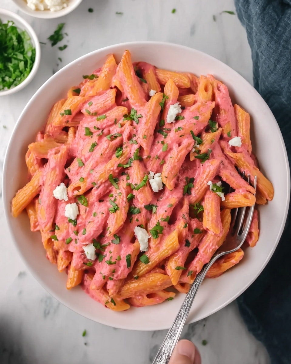 The image shows a white bowl filled with penne pasta covered in a bright pink creamy sauce, giving the dish a smooth and thick texture. Small pieces of white cheese and bits of green herbs are sprinkled on top, adding contrast and decoration. The bowl is set on a white marbled surface, with a small white bowl containing green herbs visible in the background. A woman's hand holds a fork at the bottom right corner near the bowl. photo taken with an iphone --ar 4:5 --v 7
