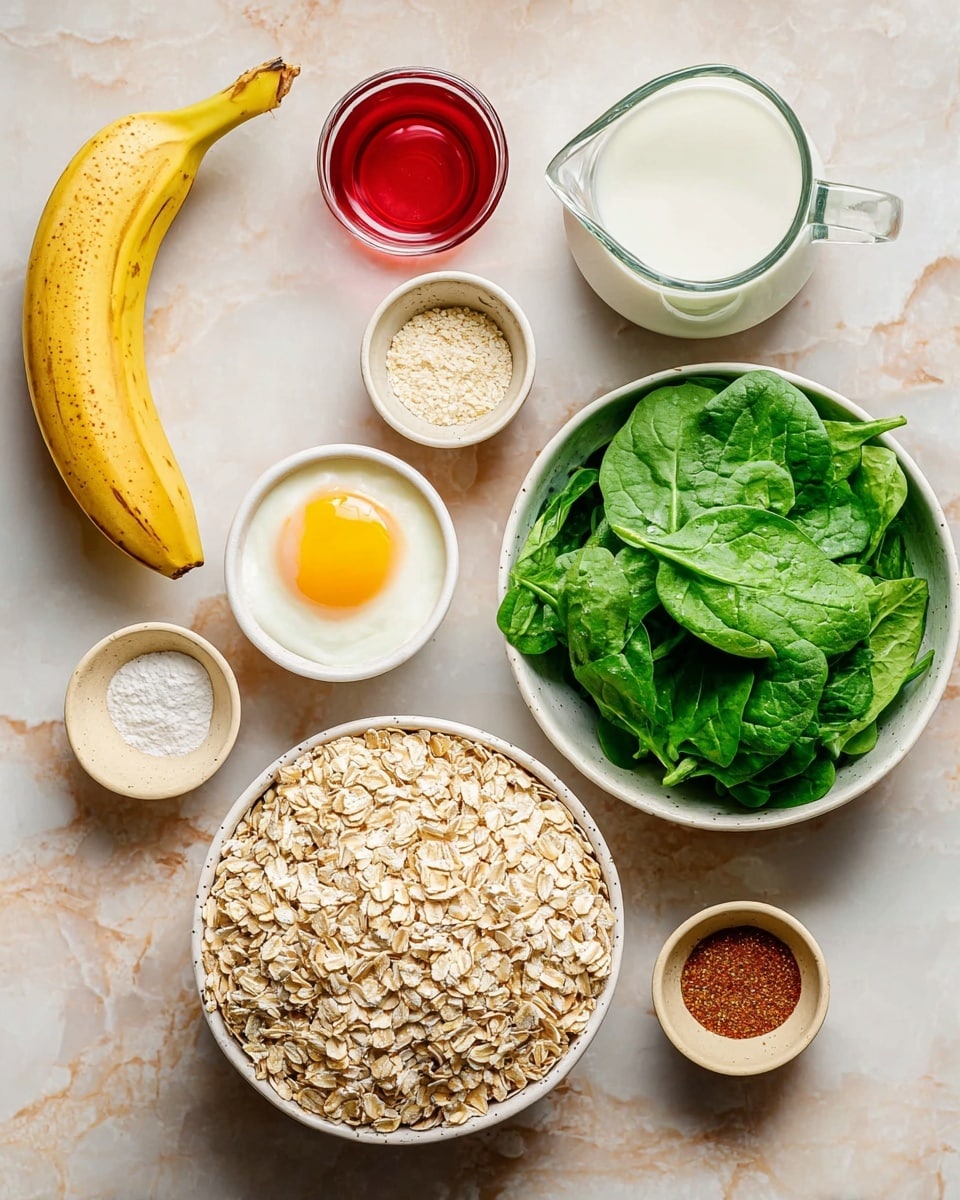 The image shows several ingredients neatly arranged on a white marbled surface. At the center bottom, there is a large bowl filled with dry oats, light tan in color and rough in texture. To the right of the oats is a small white bowl holding a raw egg with a bright yellow yolk and clear white surrounding it. Above that is a small glass pitcher filled with white milk. To the upper right corner, a white bowl is filled with fresh green spinach leaves with a smooth texture. Near the top center, a small glass jar contains red liquid, and to the left of it are two small bowls, one with white powder and the other with a light beige powder. On the left side, a peeled banana with a bright yellow peel is partly open showing the creamy banana inside. Below the banana, two small beige bowls hold white grains (salt) and brown powder (spice). In the bottom left corner, a transparent bottle with a red liquid sits closed. The layout is bright and clean. photo taken with an iphone --ar 4:5 --v 7