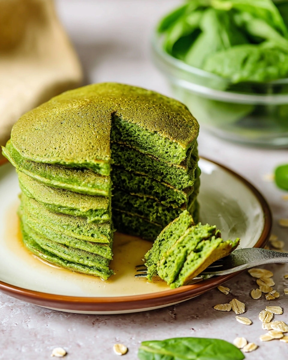 A thick stack of six green pancakes with a soft and slightly porous texture sits on a white plate with a brown rim, placed on a white marbled surface scattered with a few oats and spinach leaves. The top pancake is located slightly off-center, showing inner layers that are moist and fluffy, with a fork holding a piece of the pancake in front. In the background, there is a clear glass bowl filled with fresh spinach leaves, adding contrast to the green pancakes. photo taken with an iphone --ar 4:5 --v 7