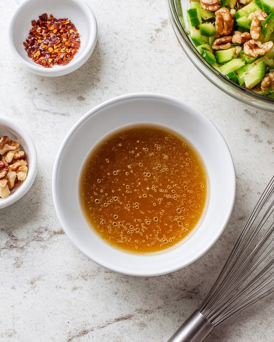 A white bowl holds a light brown sauce with small oil bubbles floating on top, resting on a white marbled surface. Nearby, a smaller white dish contains red pepper flakes, and a glass bowl to the right holds a crunchy salad with green cucumber slices and brown nuts. A silver metal whisk lies next to the bowls, all arranged against the white marbled background. photo taken with an iphone --ar 4:5 --v 7