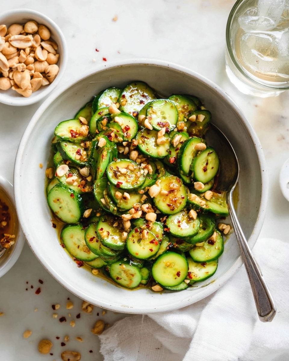 In a white bowl on a white marbled surface, there are several layers of round cucumber slices in different shades of green, with a shiny texture from a dressing. On top, small chopped nuts and red chili flakes are sprinkled, adding a crunchy texture and reddish-brown color contrast. A silver spoon is placed inside the bowl on the right side. Around the bowl, there are small white bowls with nuts and scattered nut pieces, and on the right, there is a glass of water with ice cubes. A white cloth is placed near the bottom right corner. Photo taken with an iphone --ar 4:5 --v 7