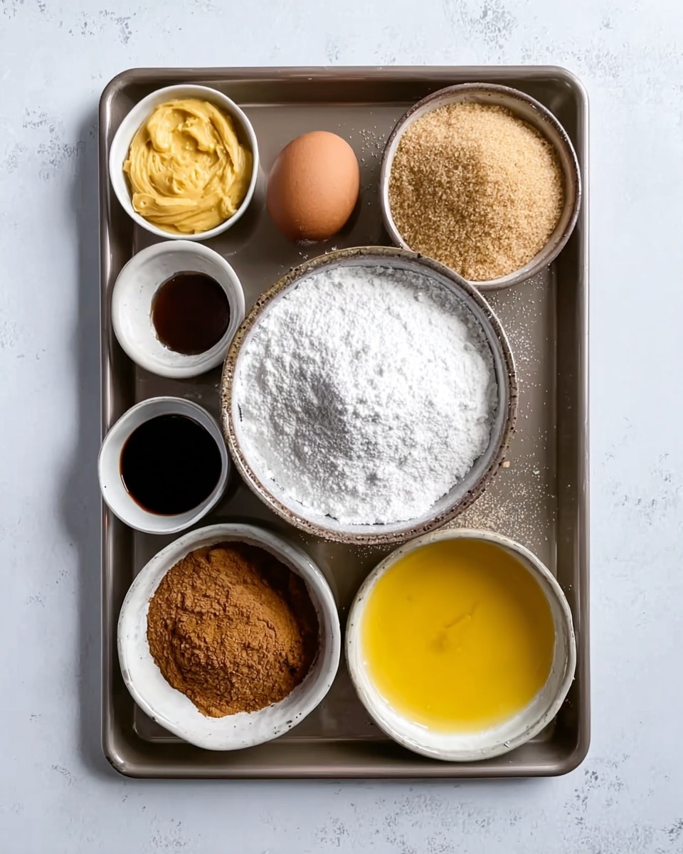 A baking tray with seven small bowls and an egg arranged neatly on a white marbled surface. The largest bowl in the center contains white powdered sugar with a soft, fluffy texture. To the upper right is a bowl with beige brown sugar, grainy and slightly clumped. Next to it on the top left is a golden yellow paste, smooth and shiny. Below that is a small bowl filled with dark liquid vanilla extract, almost black with a glossy texture. Below the powdered sugar bowl to the left is a small white bowl filled with medium brown cinnamon powder, fine and soft. On the bottom left is a bowl with light brown cinnamon sugar, grainy with a sandy texture. On the bottom right is a bowl containing melted golden yellow butter, shiny and liquid. A single brown egg is placed above the powdered sugar bowl. photo taken with an iphone --ar 4:5 --v 7