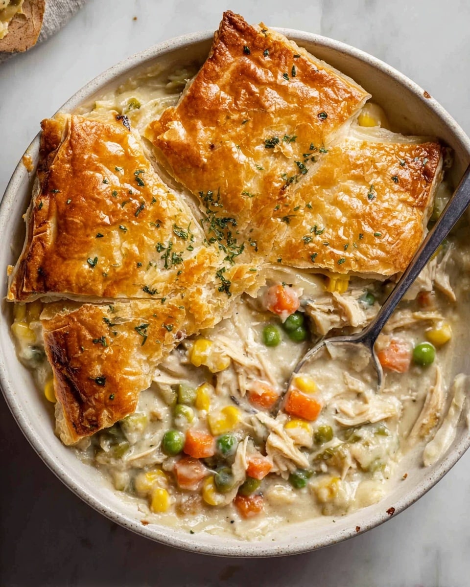 The dish shows a round white bowl filled with a creamy chicken and vegetable pie. The top layer is golden brown, flaky pie crust broken into four big pieces with some green herb sprinkles on top. Underneath is a thick creamy mix with shredded chicken, orange carrot cubes, green peas, yellow corn, and white small onions. The creamy filling looks soft and rich, partly spilled over the crust. A silver spoon is inside the bowl, poking through the filling near the crust pieces. The bowl is on a white marbled surface. photo taken with an iphone --ar 4:5 --v 7