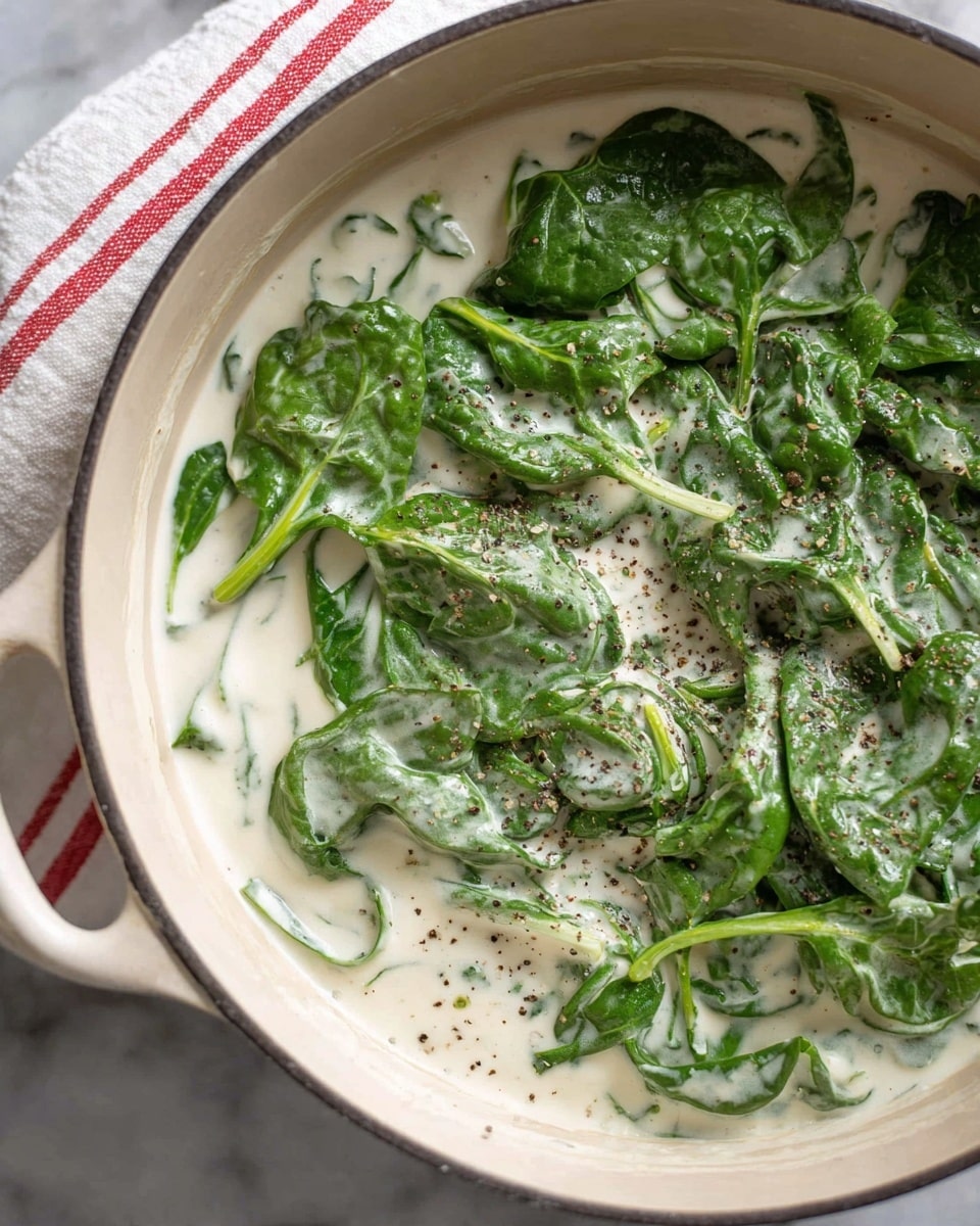 Creamed Spinach Mac and Cheese Recipe 4 A close-up view of a white pot filled with three layers: the bottom layer is creamy white sauce with small lumps, the middle layer consists of bright green fresh spinach leaves partially covered by the sauce, and the top layer shows a sprinkling of coarse black pepper over the spinach and sauce. The pot sits on a white marbled surface with a white towel with red stripes partly visible in the background. Photo taken with an iphone --ar 4:5 --v 7