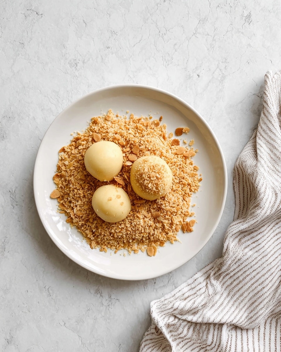 A white plate filled with light brown crunchy flakes spread evenly across the surface. Placed on top are three pale yellow smooth round dough balls, with one dough ball slightly covered by the crunchy flakes. The plate sits on a white marbled textured surface, next to a white and gray striped cloth on the right side. Photo taken with an iphone --ar 4:5 --v 7