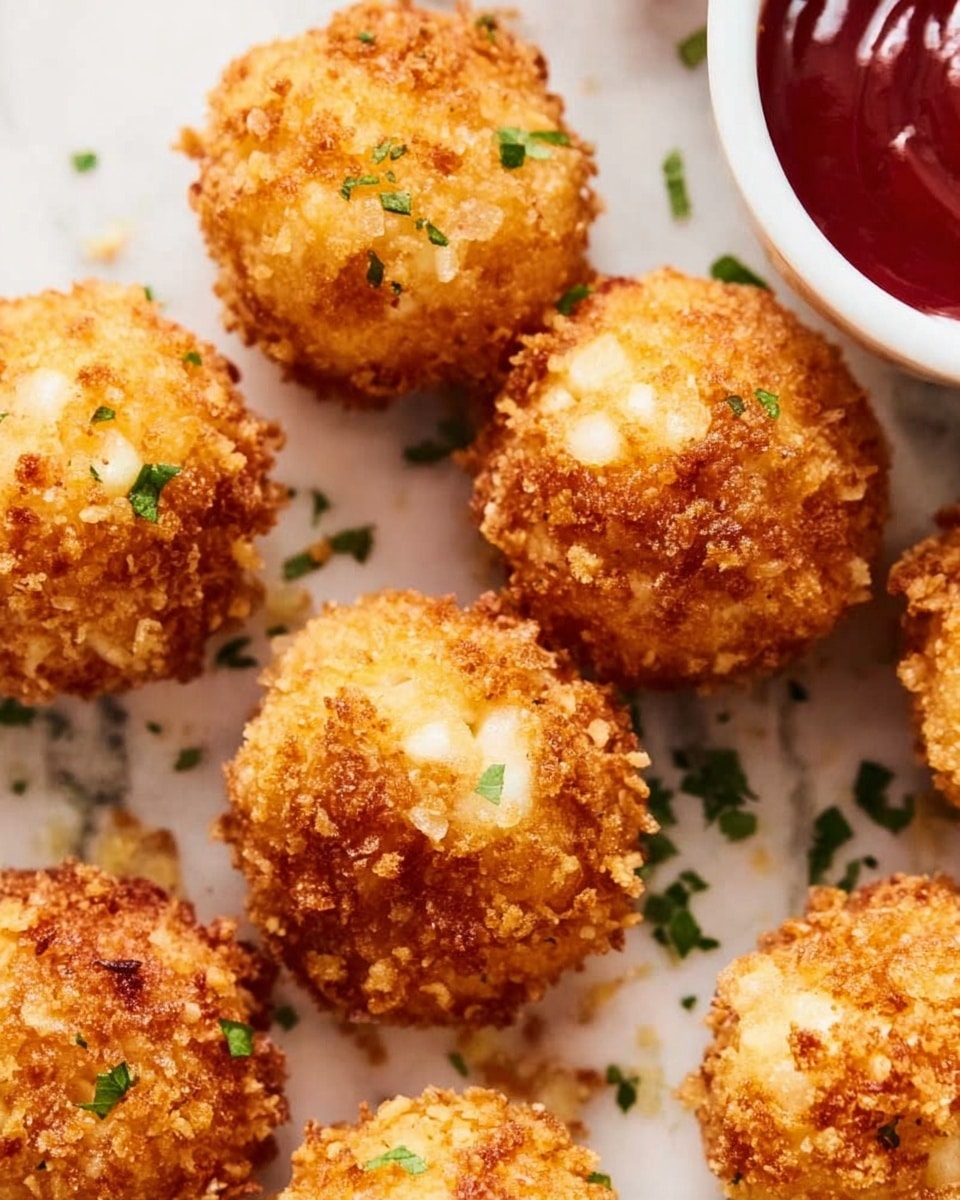 The image shows several round, golden-brown crispy balls with a crunchy texture made from crushed coating, scattered on a white marbled surface. Each ball has a rough, uneven exterior with small white pieces visible inside, suggesting a soft center. One piece is held by a woman's hand in the middle of the frame, showing its size and texture clearly. There is a small white bowl partially visible at the top right filled with red dipping sauce. Small green herb garnishes are sprinkled over the balls and the surface, adding color contrast. The overall look is warm and appetizing, with a close-up focus on the crispy details. photo taken with an iphone --ar 4:5 --v 7