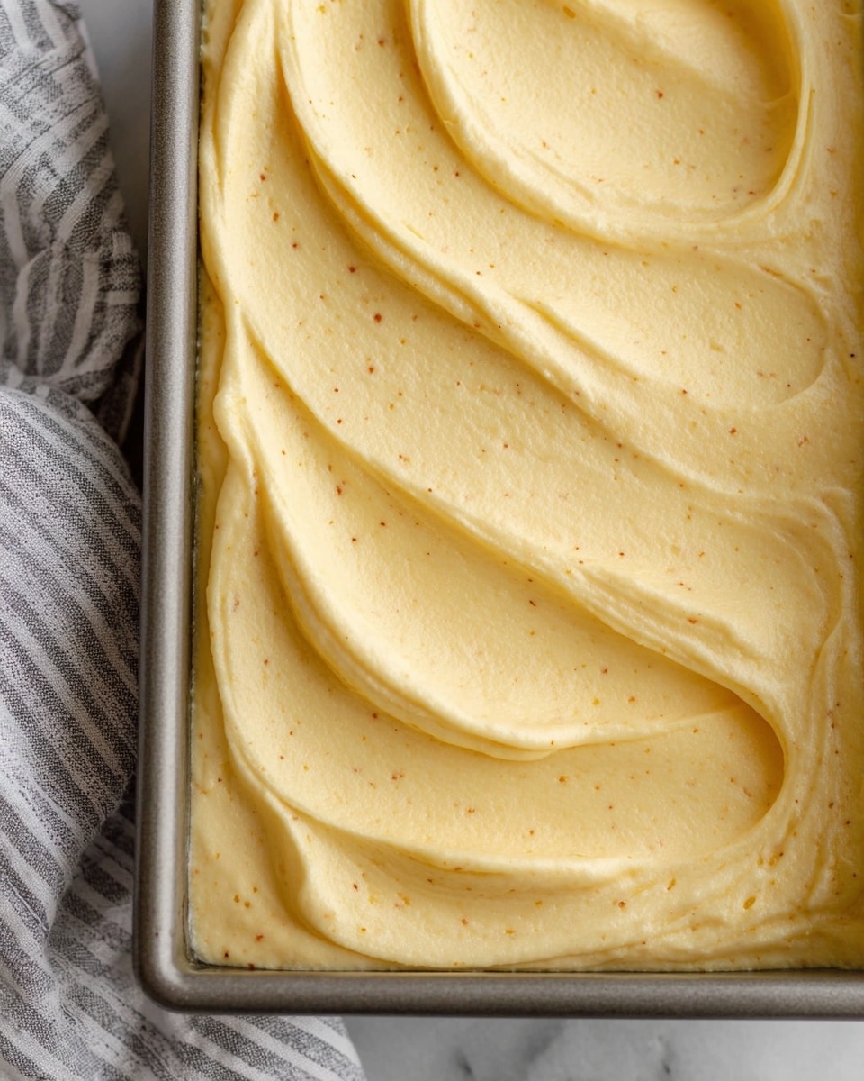 A close-up view of a thick, creamy light yellow layer spread evenly inside a rectangular metal baking pan with rounded corners. The smooth surface has soft, curved swirls creating gentle peaks and valleys, giving it a slightly textured look with tiny specks of darker color scattered throughout. The pan rests on a white marbled surface next to a soft gray and white striped cloth. photo taken with an iphone --ar 4:5 --v 7