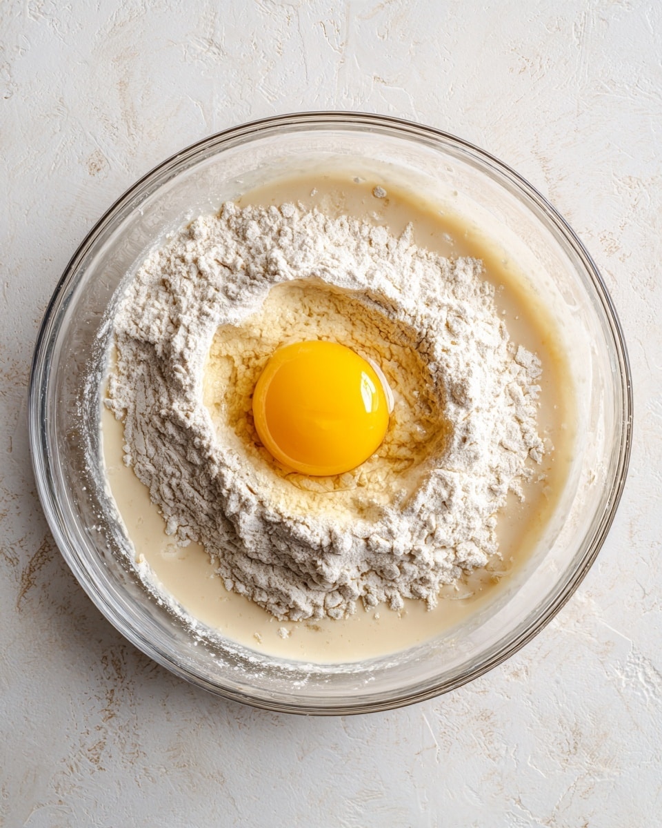 A clear glass bowl sits on a white marbled surface, filled with uncombined ingredients for baking. The bottom layer is a wet, light beige mixture with some liquid pooling. On top of this, there is a mound of white flour with a slightly grainy texture, surrounding a whole raw egg yolk that is bright yellow and glossy, positioned slightly off-center. The ingredients have not been mixed, showing distinct layers and textures inside the bowl. Photo taken with an iphone --ar 4:5 --v 7