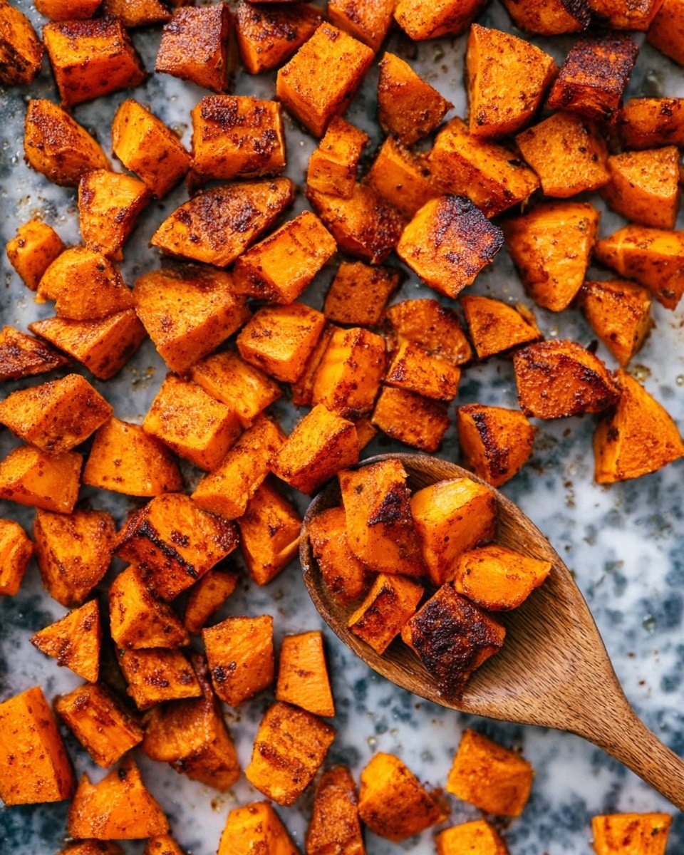 The image shows many pieces of roasted orange sweet potatoes with dark brown spices on them, spread on a flat surface with a white marbled texture. In the middle right part, there is a wooden spoon holding some of these roasted sweet potato pieces, showing their soft and slightly charred texture. The pieces are cut into small uneven squares and triangles, with a bright and warm orange color mingled with dark brown roasted spots. The overall look is warm and crispy, with the texture on the sweet potatoes showing a slight shine from roasting, photo taken with an iphone --ar 4:5 --v 7