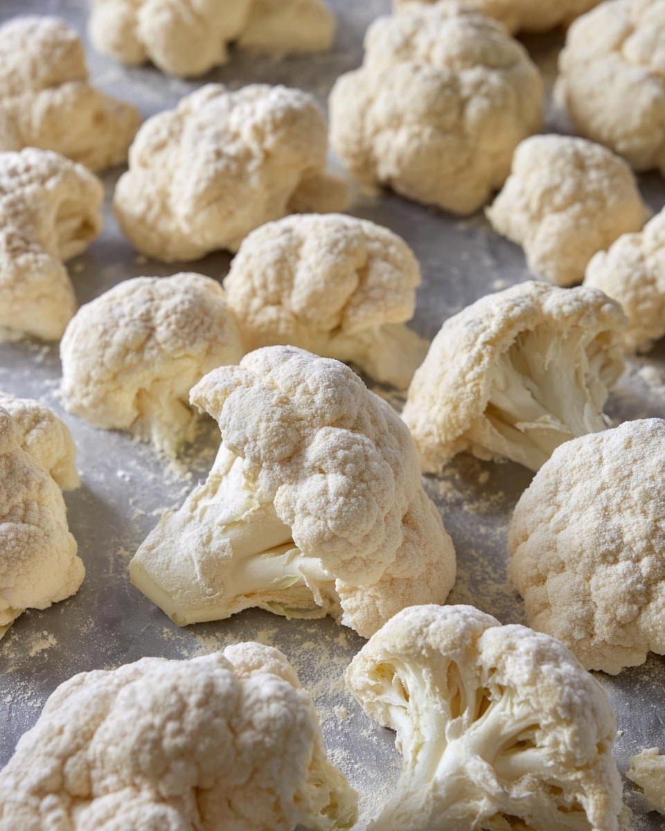 The image shows many pieces of raw cauliflower that are covered in a white flour-like coating. The cauliflower pieces are arranged closely on a flat surface with a smooth gray color. Each cauliflower piece has a rough, bumpy texture and varies in size and shape, but all are coated evenly in the flour mixture. The light is soft, showing slight shadows under the cauliflower but keeping the focus on the pale creamy white and off-white colors of the coated cauliflower pieces photo taken with an iphone --ar 4:5 --v 7