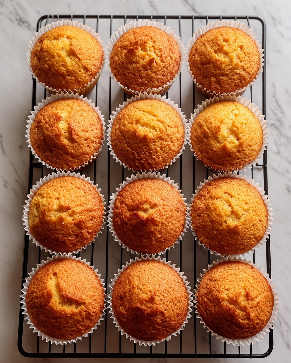 Twelve golden brown muffins are arranged in three rows and four columns on a black cooling rack. Each muffin is in a plain white paper cup with ruffled edges. The muffins have slightly cracked tops with a soft, spongy texture visible. The cooling rack is placed on a white marbled surface that adds lightness to the image. photo taken with an iphone --ar 4:5 --v 7
