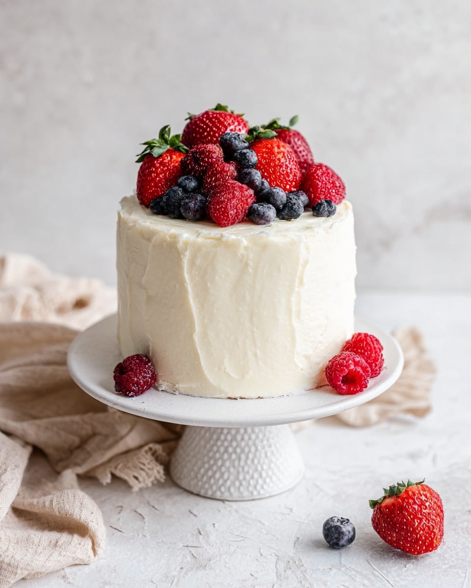 A small round cake with smooth, creamy white icing covers its two layers. The top of the cake is decorated with a mix of fresh red strawberries, red raspberries, and dark blue blueberries, creating a colorful and fresh look. A few berries also sit at the base on the white cake stand, which has a simple textured design. The cake is placed on a white marbled surface with a soft beige cloth nearby, adding a cozy and clean background. photo taken with an iphone --ar 4:5 --v 7