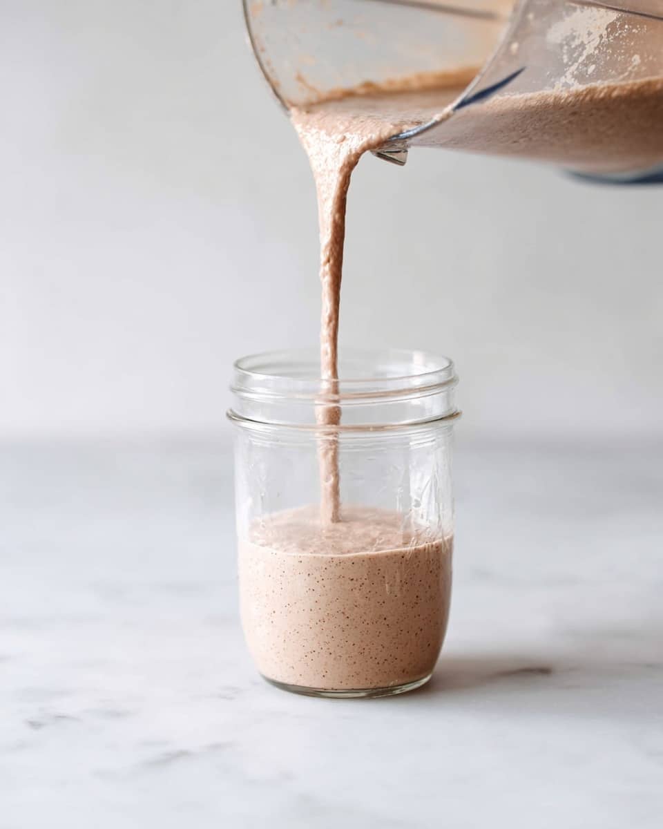 A light brown smoothie with tiny darker specks is being poured from a clear blender container into a small clear glass jar. The smoothie has a thick, smooth texture as it flows down in a steady stream, filling the jar about halfway. The background and surface are white with a marbled texture, creating a clean and simple setting. Photo taken with an iphone --ar 4:5 --v 7