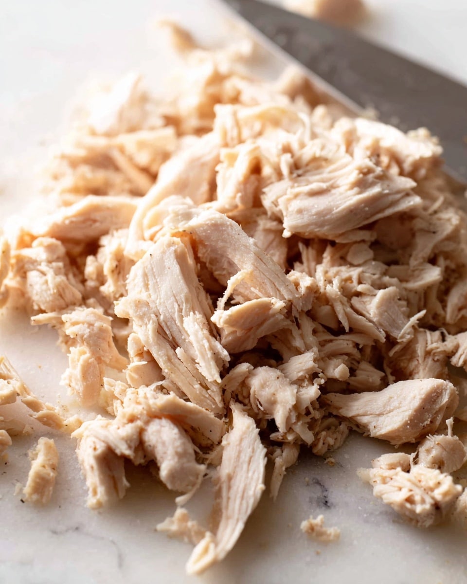 The image shows shredded light beige cooked chicken pieces spread closely on a white marbled surface, with some small chunks mixed in. The texture looks tender and flaky, with visible grain and moisture on the meat. To the right side, a metal knife is partially visible, resting on the surface, blending slightly with the chicken pieces. The overall scene is bright with soft lighting, enhancing the natural color and texture of the shredded chicken photo taken with an iphone --ar 4:5 --v 7