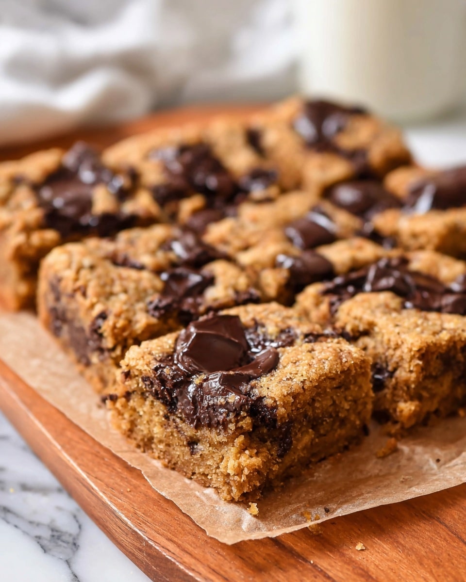 A square dessert bar is shown in a close-up, divided into nine smaller square pieces. It has a golden-brown top layer with a rough crumbly texture and is dotted with large, melted dark chocolate chunks that glisten in the light. The bar looks thick and soft with visible cracks and uneven surface, sitting on a piece of parchment paper on a wooden board, with a blurred white marbled background. Photo taken with an iphone --ar 4:5 --v 7
