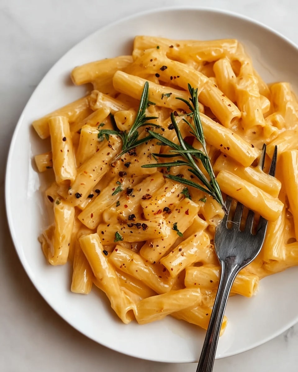 A white plate filled with short, tube-shaped pasta covered in a smooth, light orange creamy sauce, with small black pepper specks evenly spread on top. Fresh green rosemary sprigs are scattered over the pasta adding a touch of color. A shiny fork rests partially inside the pasta, positioned on the right side of the plate. The plate is set on a white marbled surface. photo taken with an iphone --ar 4:5 --v 7
