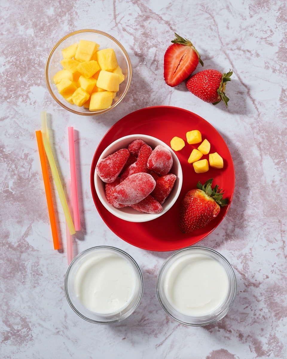 This image shows several ingredients arranged on a white marbled surface. In the center, there is a white bowl filled with frozen red strawberries, which sits on a larger red plate. On the red plate next to the bowl are small yellow fruit pieces and a whole fresh strawberry with a green top. Above the red plate, two halves of fresh strawberries are placed side by side. To the left, there is a clear bowl with yellow frozen fruit cubes and two colorful straws, one pink and one orange. Below the red plate, two clear bowls contain a white creamy substance and milk. Photo taken with an iphone --ar 4:5 --v 7