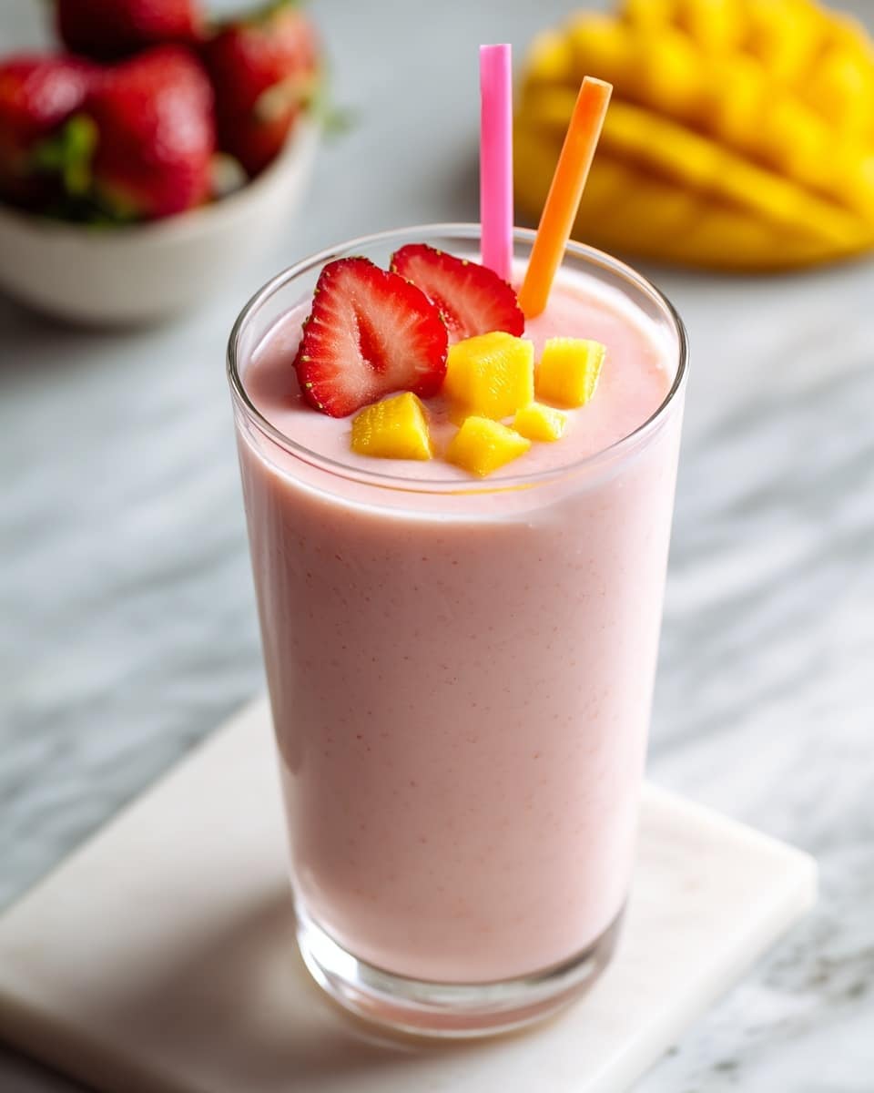 A creamy light pink smoothie fills a clear glass, topped with two thin, round red strawberry slices placed near one edge, and small bright yellow mango cubes arranged next to them. Two straws, one orange and one pink, stand upright in the smoothie near the fruit garnishes. The glass sits on a white marbled surface with a blurred mango and bowl of strawberries in the background. The smoothie texture looks thick and smooth. photo taken with an iphone --ar 4:5 --v 7