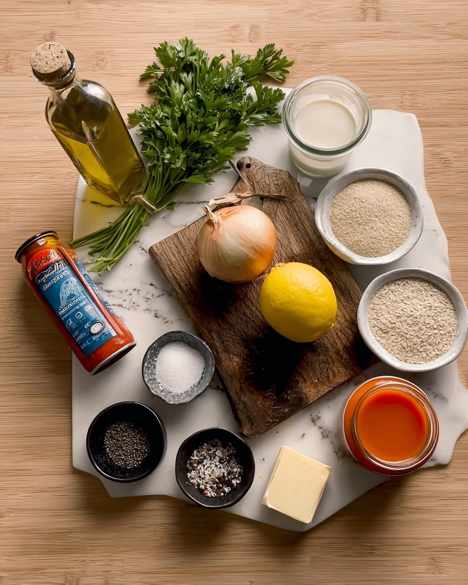 The image shows a wooden surface with various cooking ingredients neatly placed on it. At the center is a small wooden cutting board holding a whole onion and a garlic bulb, with a bright yellow lemon below them. To the right of the board are three small white bowls filled with different grains or powders. On the top left corner, there is a tall glass bottle of olive oil, next to a bunch of green fresh parsley and a small glass container filled with cream or milk. Near the bottom, a small black bowl contains black pepper, and another black bowl next to it holds salt. At the bottom center of the image, a tube of tomato paste lies horizontally. A jar with orange liquid and a small white dish of butter are on the top right side. The whole arrangement is set on a white marbled texture. photo taken with an iphone --ar 4:5 --v 7