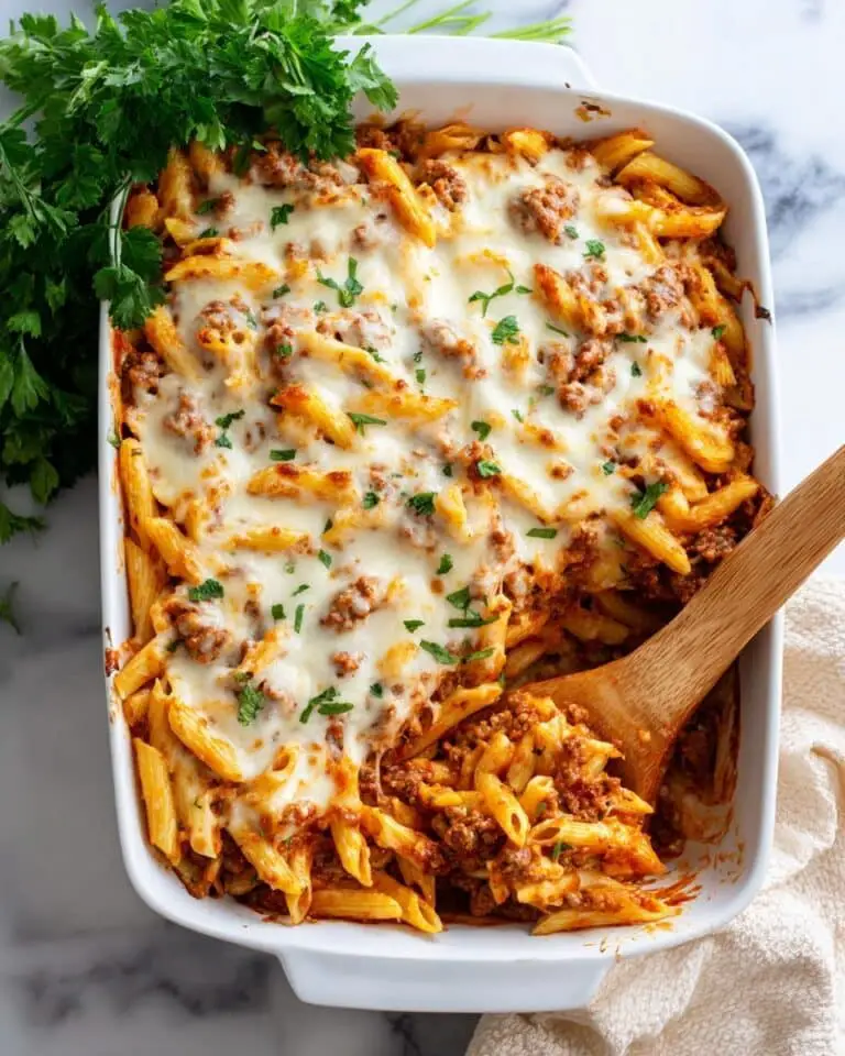 Ground Beef Penne Casserole with Mozzarella and Parmesan Recipe