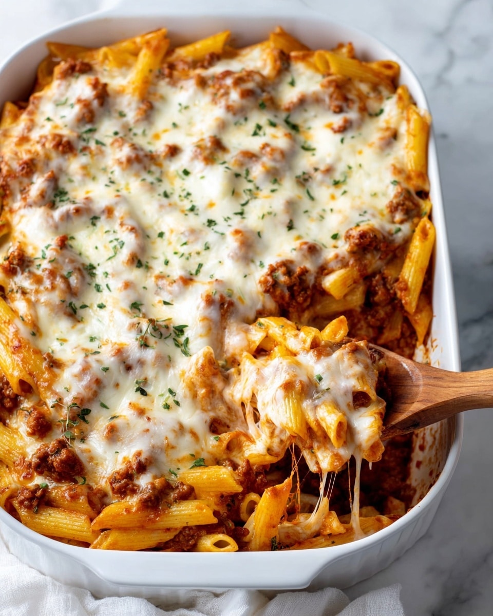 The image shows a white rectangular baking dish filled with baked pasta with meat sauce and cheese. The bottom layer is golden-yellow penne pasta mixed with a rich red tomato meat sauce that has small chunks of browned meat. On top is a thick layer of melted white cheese, slightly browned in spots, covering most of the pasta. Green herbs are lightly sprinkled over the cheese, adding color contrast. A wooden spoon is scooping a portion from the right side of the dish, revealing gooey melted cheese stretching with the pasta and sauce. The dish is placed on a white marbled surface with a white cloth napkin nearby. photo taken with an iphone --ar 4:5 --v 7