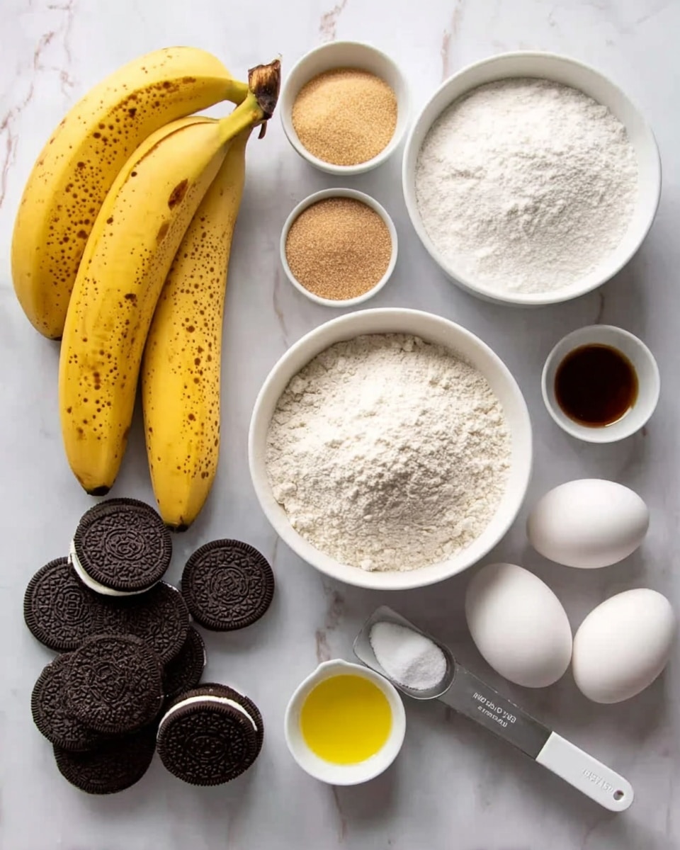 The image shows a top-down view of various baking ingredients arranged neatly on a white marbled surface. At the top left, there are four ripe bananas with brown spots, next to a white bowl filled with white flour. Below the bananas is a small white bowl of light brown sugar. To the right of the sugar is a metal measuring cup filled with white granulated sugar. Beside the sugar are two whole white eggs resting side by side. Below the eggs is a row of chocolate sandwich cookies, some whole and some open-faced, showing the white cream inside. On the right side near the sugar is a white measuring spoon with a clear light yellow liquid, likely oil. A small white bowl near the top left corner contains a small amount of dark brown liquid, and a metal measuring spoon contains a small amount of white salt. The layout is clean and organized, with all ingredients clearly visible. Photo taken with an iphone --ar 4:5 --v 7