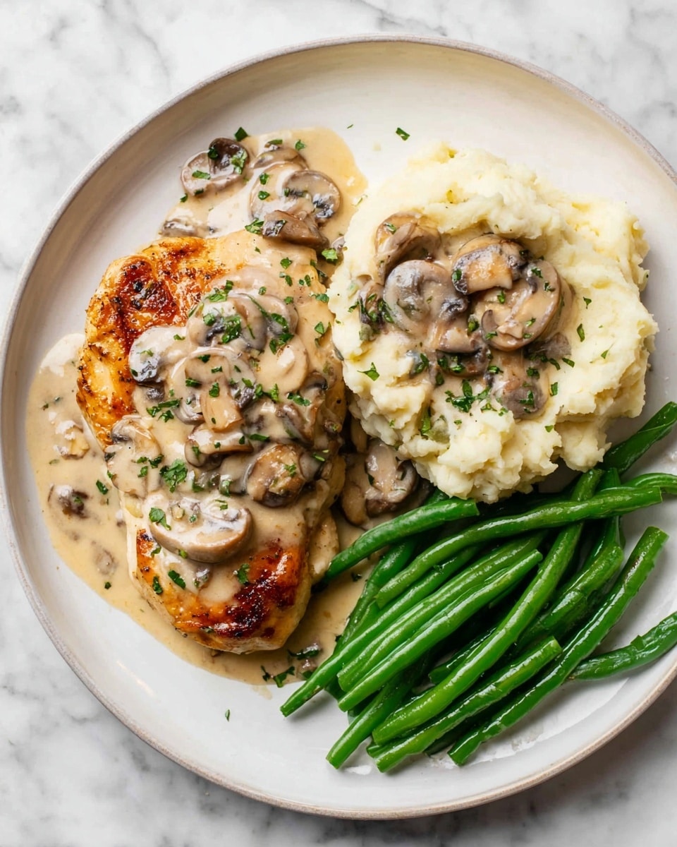On a large round white plate, there is a golden-brown seared piece of chicken on the left side, topped with creamy light beige mushroom sauce and garnished with small green herb pieces. To the right of the chicken, there is a smooth and creamy mound of mashed potatoes mixed with mushroom slices and covered lightly with the same sauce. On the lower right side of the plate, there is a neat pile of bright green cooked green beans. Everything is placed on a white marbled textured surface photo taken with an iphone --ar 4:5 --v 7